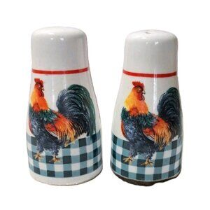 Farmhouse-Style Rooster Ceramic Salt & Pepper Shakers With Gingham Checkered Des